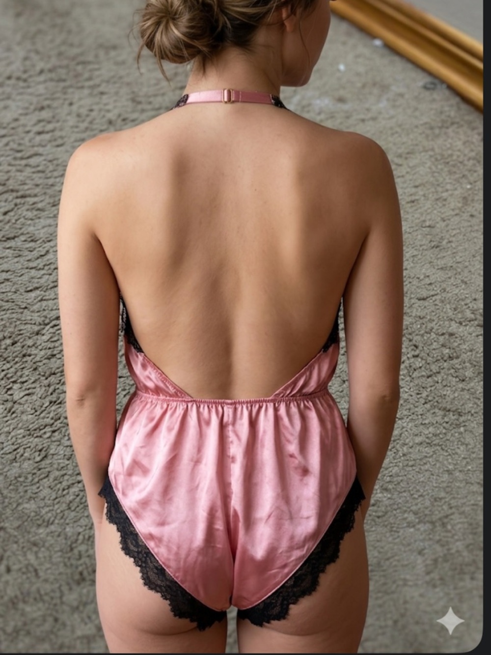 La SENZA Body Pink Satin Teddy with Black Lace Trim Size Large